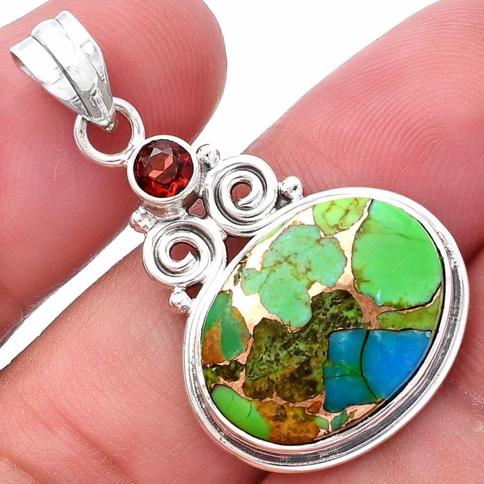 Blue Turquoise In Green Mohave and Garnet Pendant SDP144863 P-1603, 14x19 mm