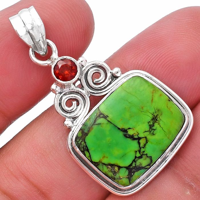 Green Matrix Turquoise and Garnet Pendant SDP144877 P-1603, 14x17 mm