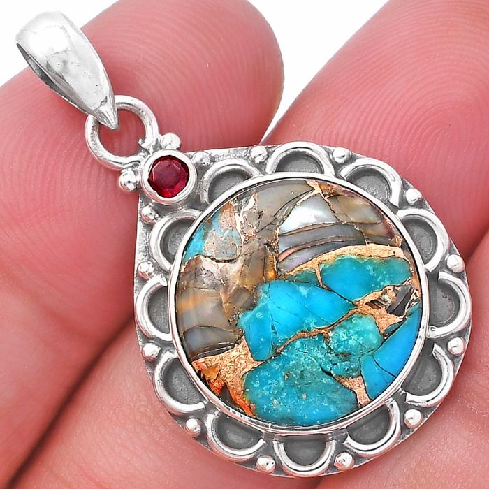 Shell In Black Blue Turquoise and Garnet Pendant SDP145077 P-1080, 16x16 mm