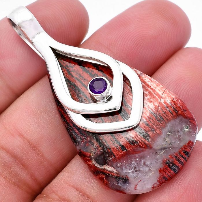 Snake Skin Jasper and Amethyst Pendant SDP145121 P-1562, 24x40 mm