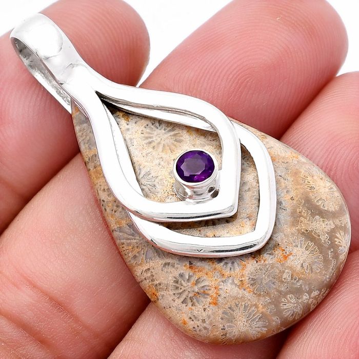 Flower Fossil Coral and Amethyst Pendant SDP145135 P-1562, 23x36 mm