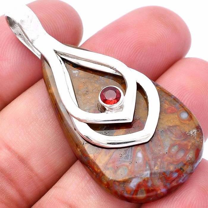 Red Moss Agate and Garnet Pendant SDP145136 P-1562, 23x40 mm