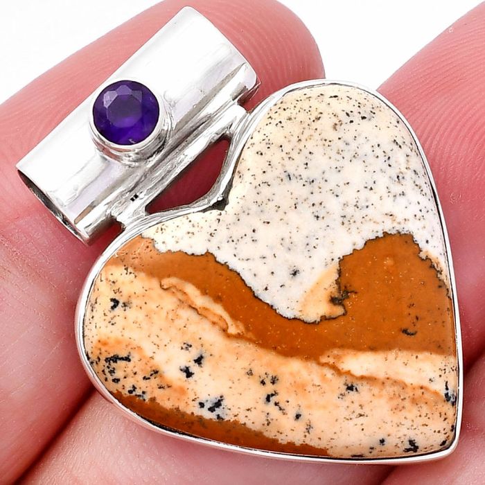 Valentine Gift Heart - Picture Jasper and Amethyst Pendant SDP145383 P-1300, 24x25 mm