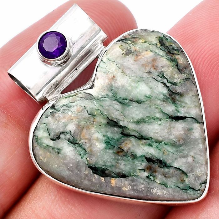 Valentine Gift Heart - Tree Weed Moss Agate and Amethyst Pendant SDP145396 P-1300, 26x26 mm