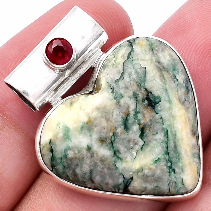 Valentine Gift Heart - Tree Weed Moss Agate and Garnet Pendant SDP145410 P-1300, 24x25 mm