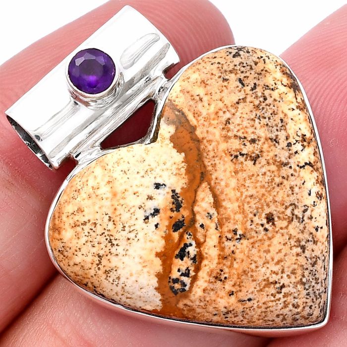 Valentine Gift Heart - Picture Jasper and Amethyst Pendant SDP145457 P-1300, 25x27 mm