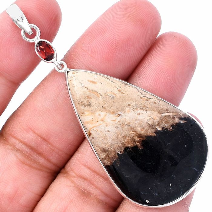 Palm Root Fossil Agate and Garnet Pendant SDP145555 P-1098, 26x44 mm