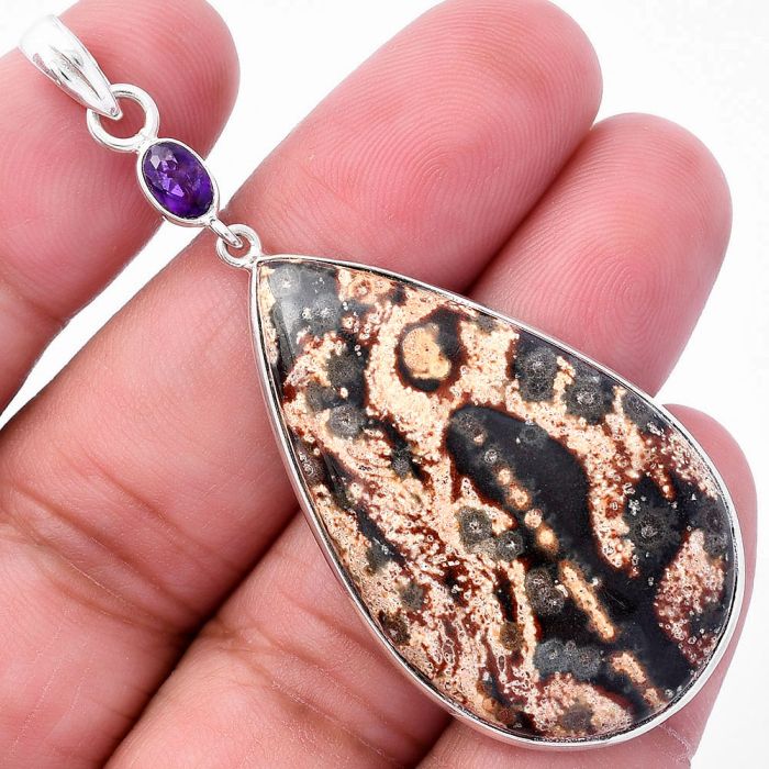 Leopard Skin Jasper and Amethyst Pendant SDP145585 P-1098, 24x41 mm