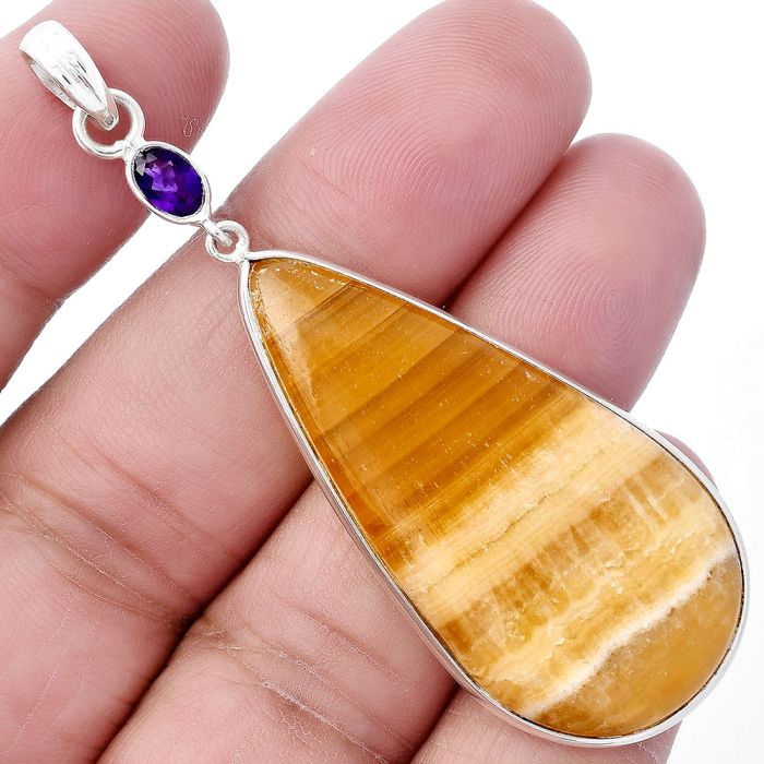 Honey Aragonite and Amethyst Pendant SDP145619 P-1098, 21x43 mm