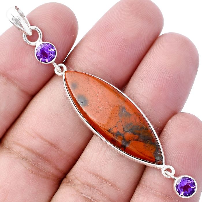 Red Brecciated Jasper and Amethyst Pendant SDP145666 P-1123, 11x34 mm