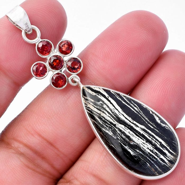 Silver Leaf Obsidian and Garnet Pendant SDP145738 P-1122, 16x30 mm