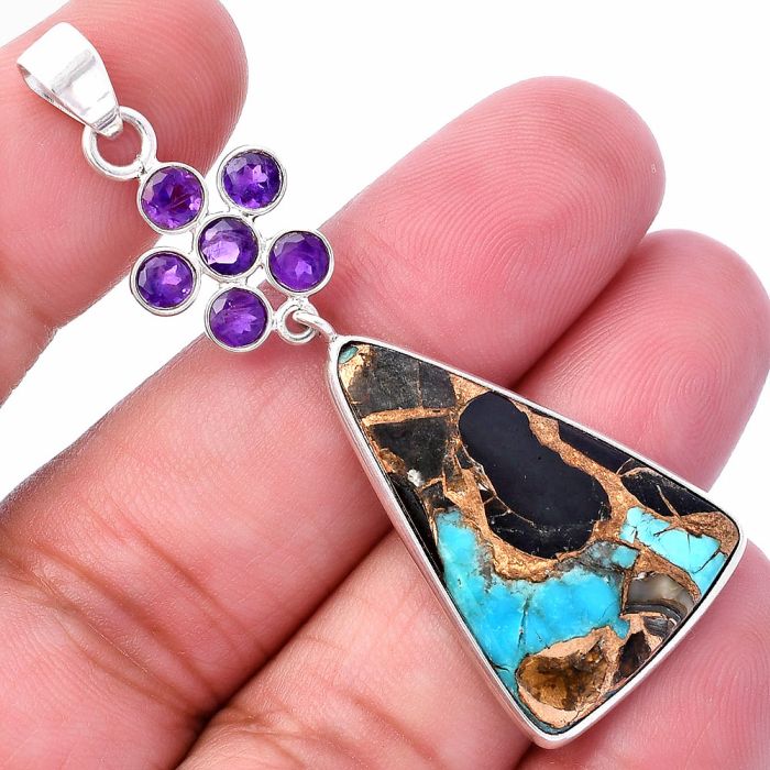 Shell In Black Blue Turquoise and Amethyst Pendant SDP145739 P-1122, 19x29 mm