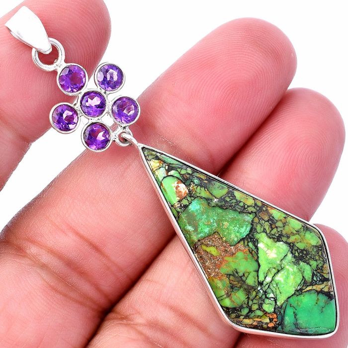 Green Matrix Turquoise and Amethyst Pendant SDP145749 P-1122, 19x38 mm