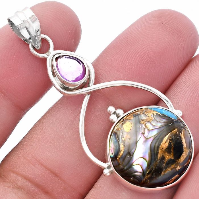 Copper Abalone Shell and Amethyst Pendant SDP145790 P-1125, 18x18 mm