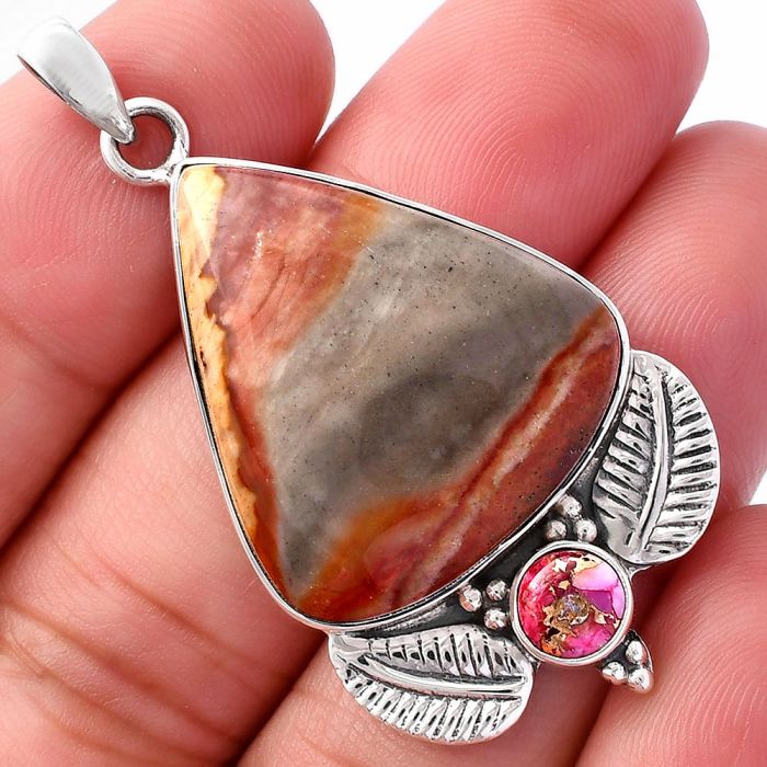 Polygram Jasper and Kingman Pink Dahlia Turquoise Pendant SDP145901 P-1127, 24x27 mm