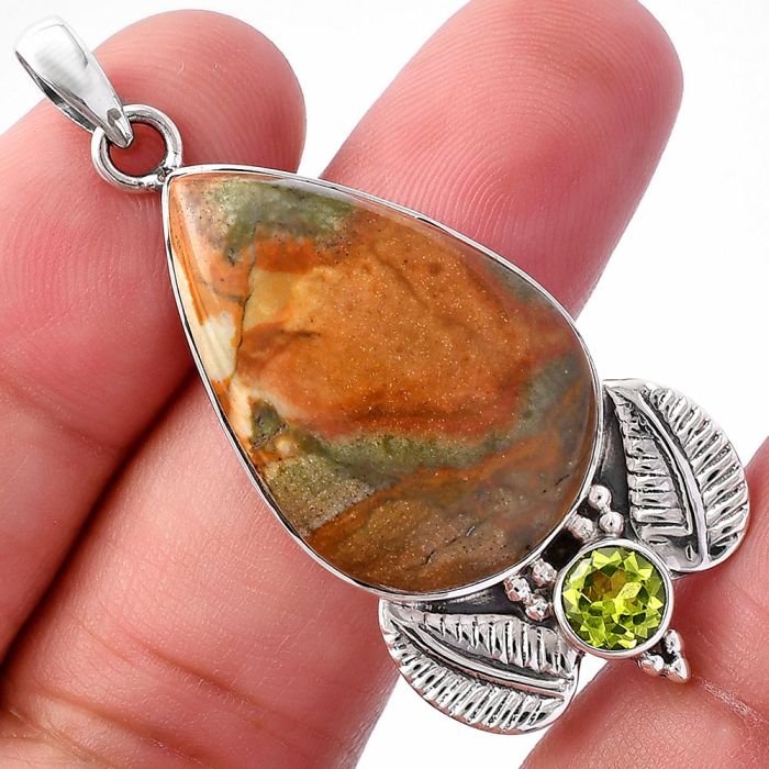 Rocky Butte Picture Jasper and Peridot Pendant SDP145937 P-1127, 19x28 mm