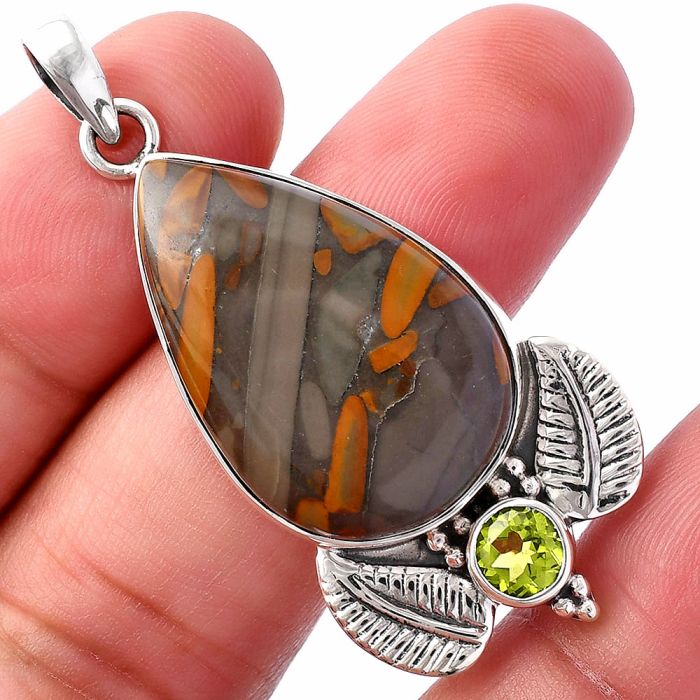 Fruit Jasper and Peridot Pendant SDP145950 P-1127, 19x28 mm