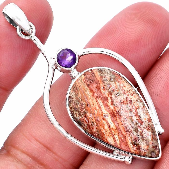 Leopard Skin Jasper and Amethyst Pendant SDP146659 P-1250, 16x27 mm