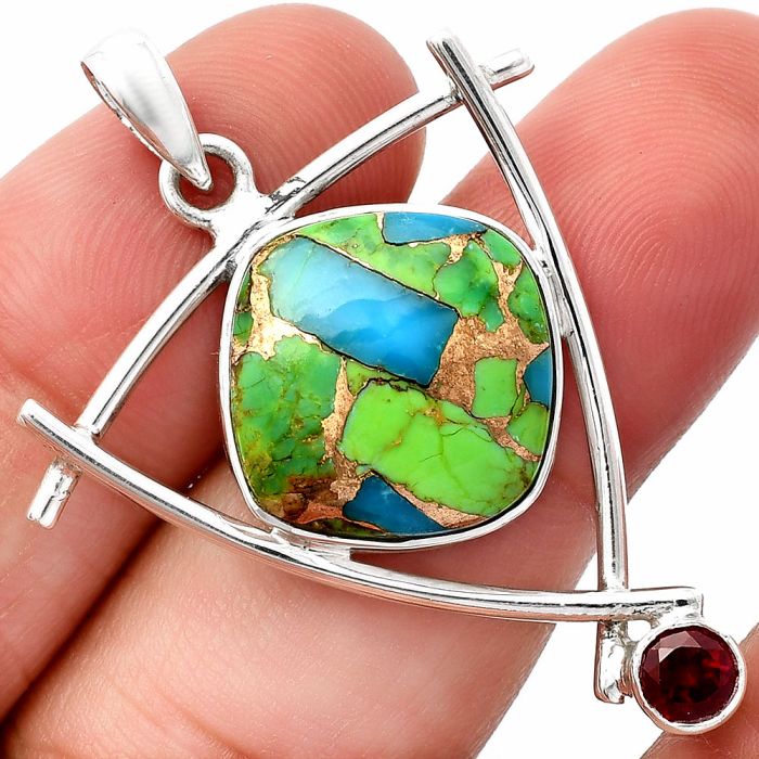 Blue Turquoise In Green Mohave and Garnet Pendant SDP146753 P-1499, 16x16 mm