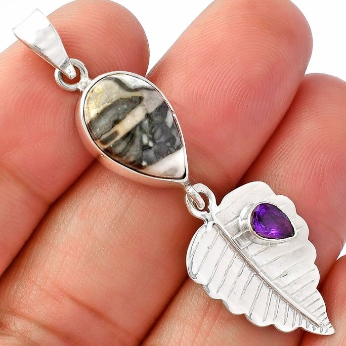 Mexican Cabbing Fossil and Amethyst Pendant SDP146806 P-1539, 10x15 mm