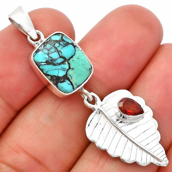 Lucky Charm Tibetan Turquoise and Garnet Pendant SDP146815 P-1539, 10x12 mm