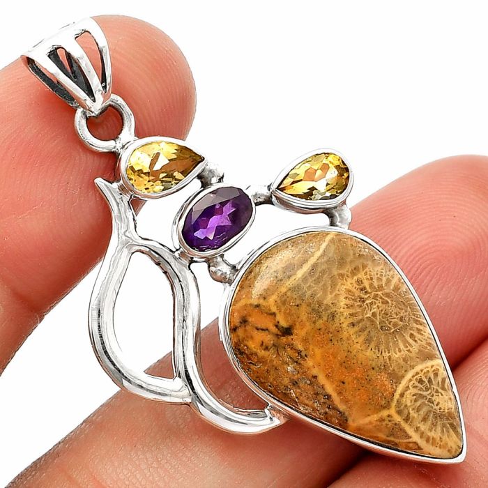 Flower Fossil Coral, Amethyst & Citrine Pendant SDP147290 P-1290, 14x22 mm