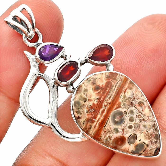 Leopard Skin Jasper, Garnet & Amethyst Pendant SDP147303 P-1290, 16x23 mm