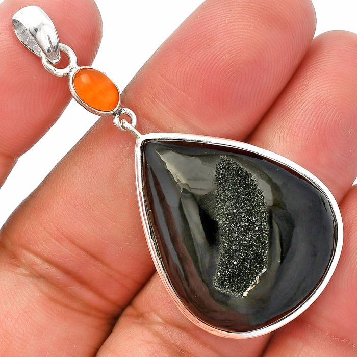 Black Druzy and Carnelian Pendant SDP147593 P-1531, 23x30 mm