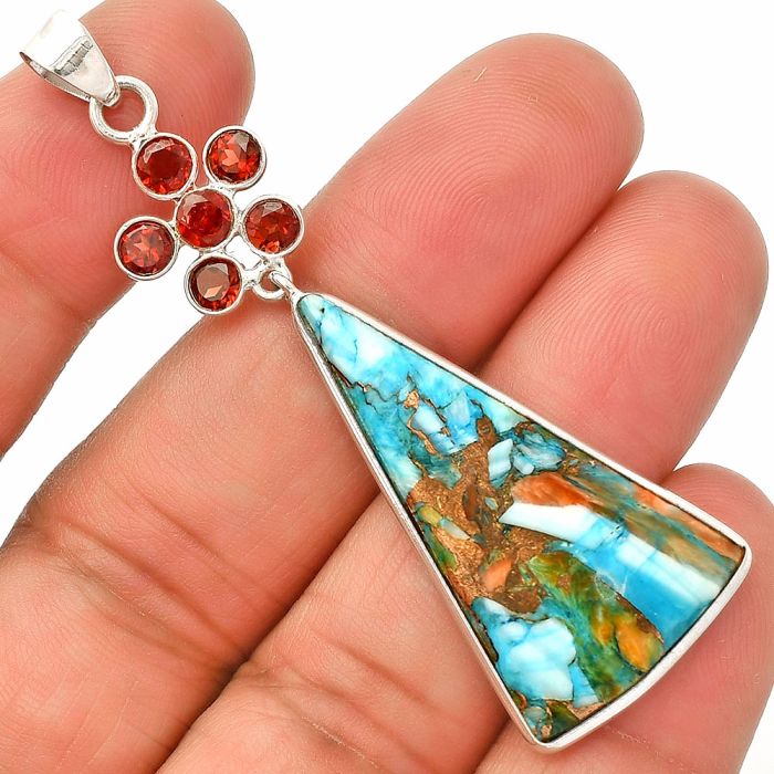 Spiny Oyster Turquoise and Garnet Pendant SDP148237 P-1122, 19x35 mm