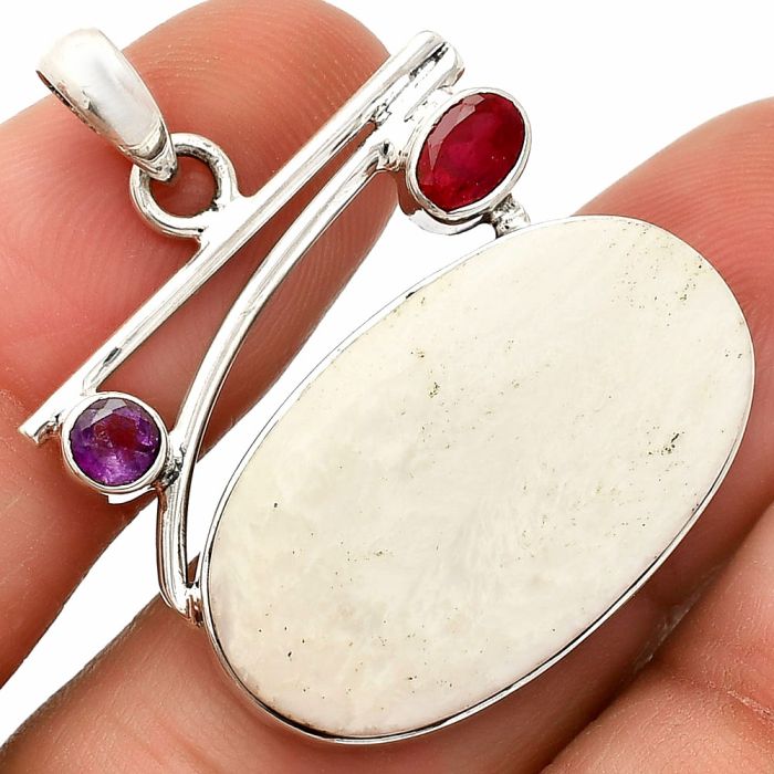 White Scolecite and Garnet & Amethyst Pendant SDP148432 P-1286, 16x28 mm