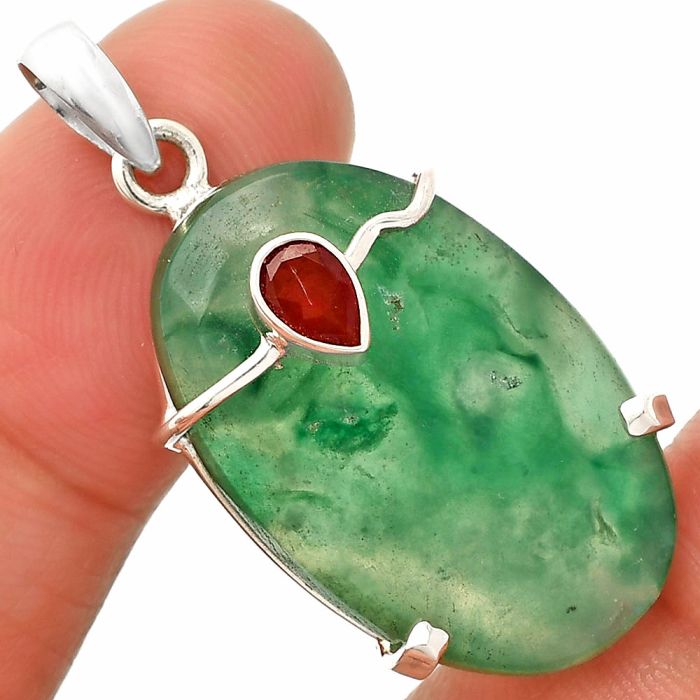 Green Lace Agate and Garnet Pendant SDP148491 P-1386, 18x28 mm