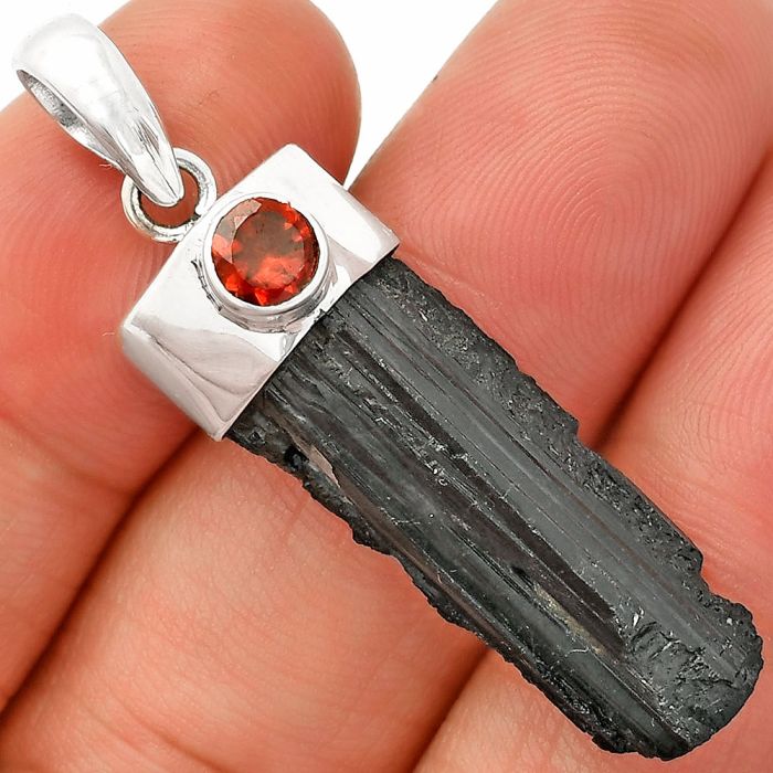 Black Tourmaline Rough and Garnet Pendant SDP149376 P-1107, 11x28 mm