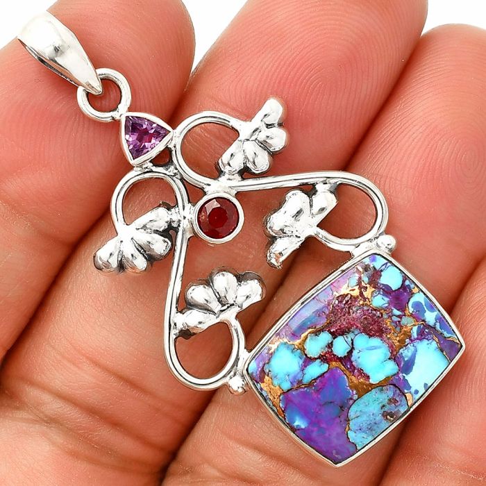 Kingman Purple Dahlia Turquoise, Amethyst & Garnet Pendant SDP149461 P-1294, 13x17 mm