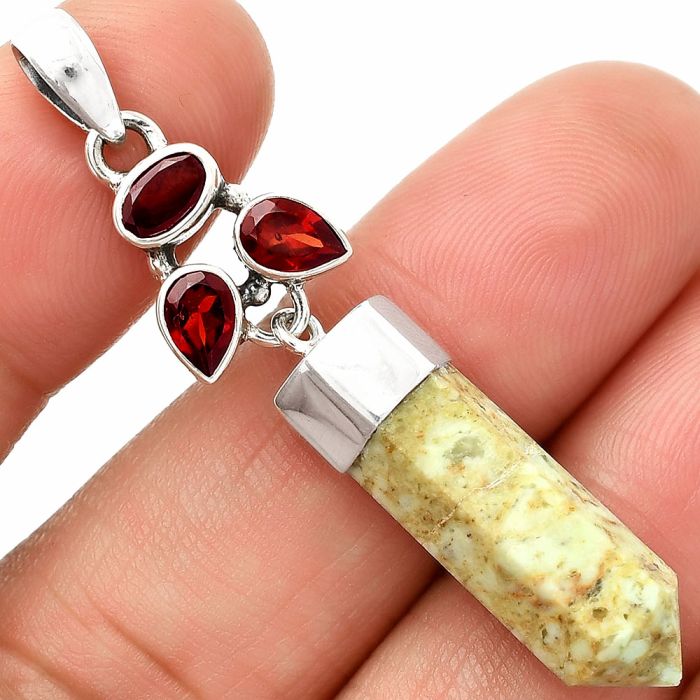 Authentic White Buffalo Turquoise Nevada and Garnet Point Pendant SDP149574 P-1307, 8x23 mm