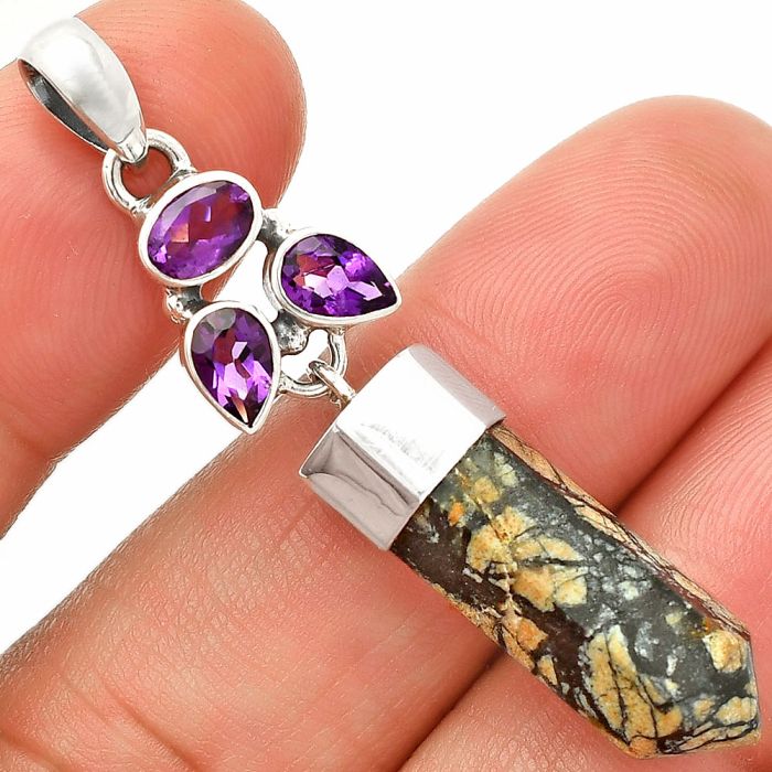 Authentic White Buffalo Turquoise Nevada and Amethyst Point Pendant SDP149577 P-1307, 8x22 mm