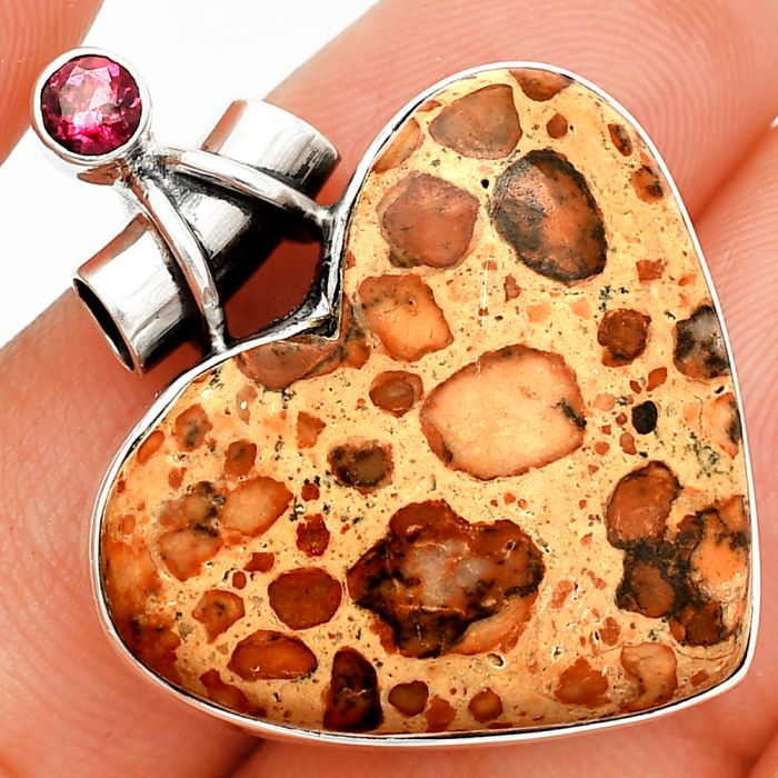 Heart - Leopardite Jasper and Garnet Pendant SDP149651 P-1159, 25x29 mm