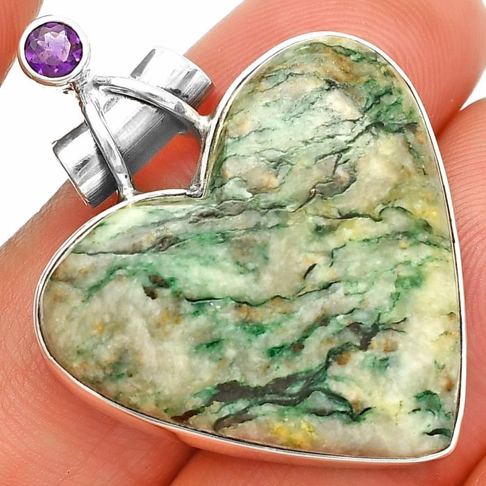 Heart - Green Mariposite and Amethyst Pendant SDP149764 P-1159, 27x28 mm