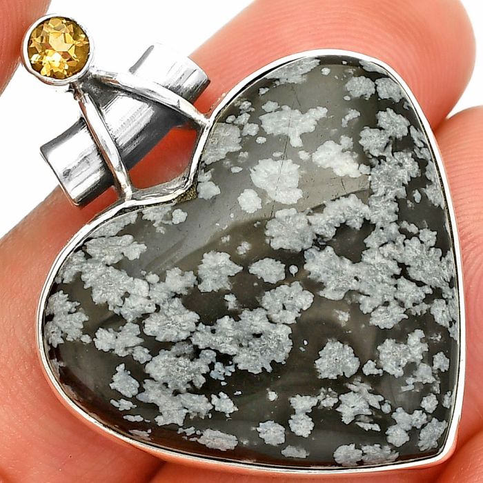 Heart - Snow Flake Obsidian and Citrine Pendant SDP149765 P-1159, 27x30 mm