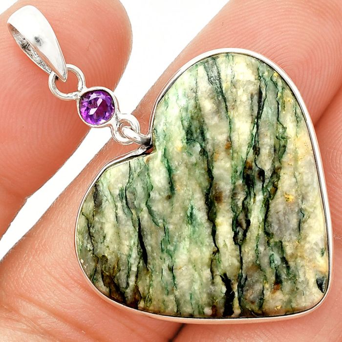 Heart - Green Mariposite and Amethyst Pendant SDP150132 P-1098, 28x30 mm