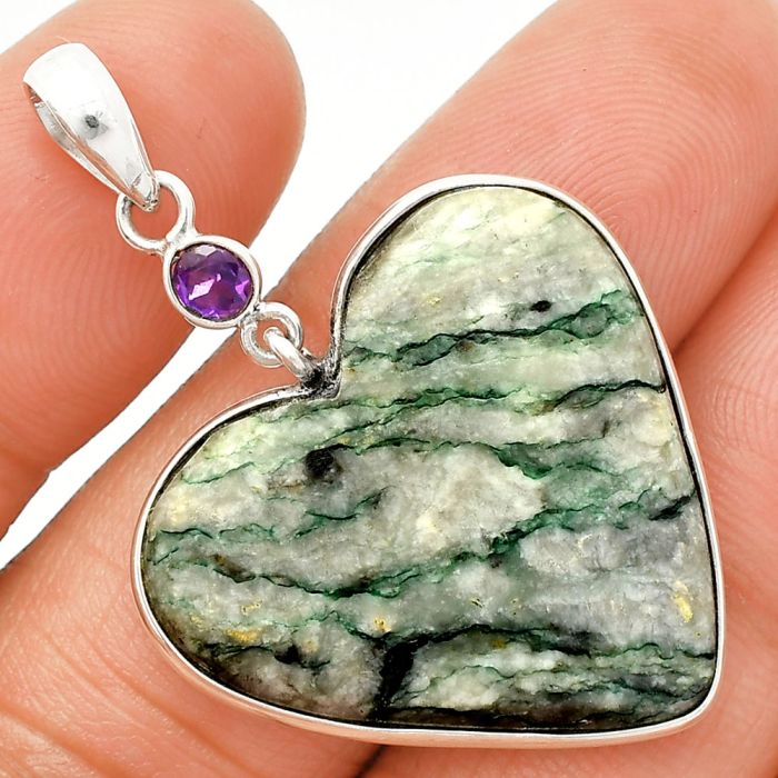 Heart - Green Mariposite and Amethyst Pendant SDP150194 P-1098, 27x28 mm