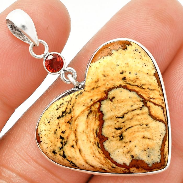 Heart - Picture Jasper and Garnet Pendant SDP150204 P-1098, 28x30 mm