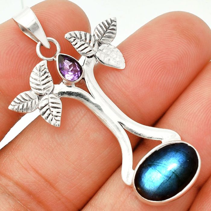 Blue Fire Labradorite and Amethyst Pendant SDP150272 P-1420, 10x14 mm