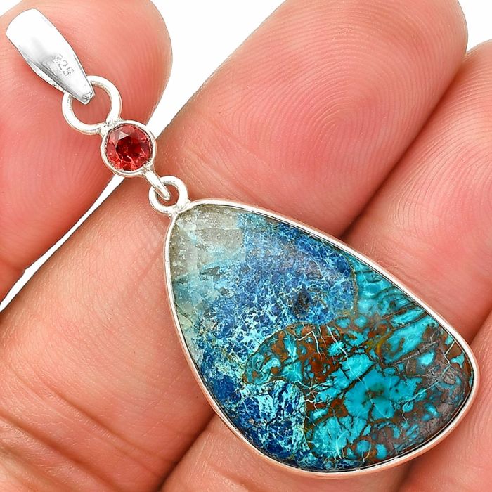 Shattuckite and Garnet Pendant SDP150975 P-1098, 17x27 mm