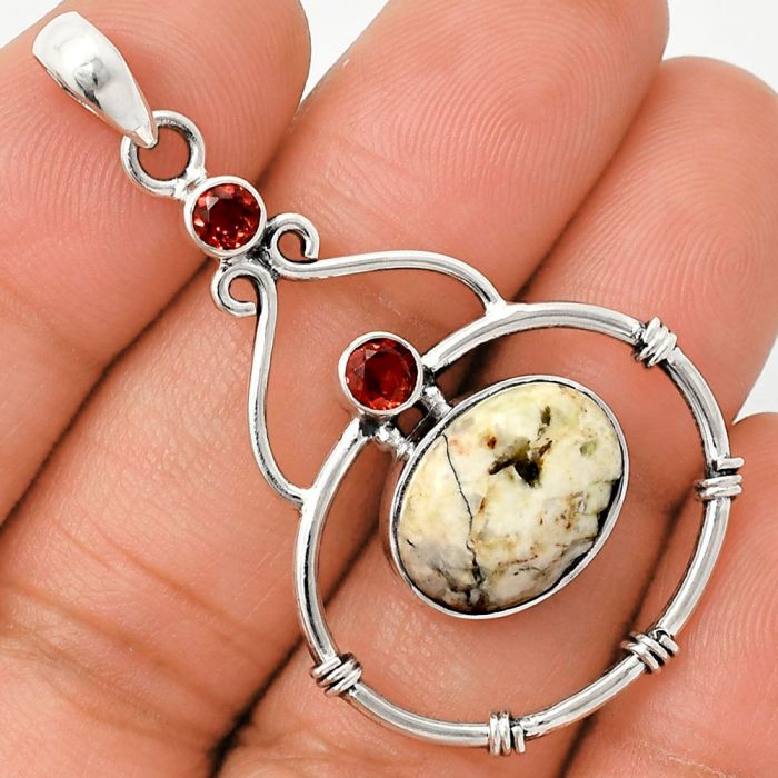 Authentic White Buffalo Turquoise Nevada and Garnet Pendant SDP151196 P-1075, 10x14 mm