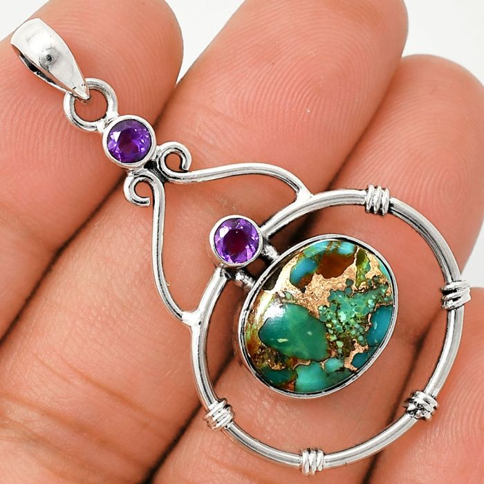 Kingman Copper Teal Turquoise and Amethyst Pendant SDP151199 P-1075, 12x15 mm