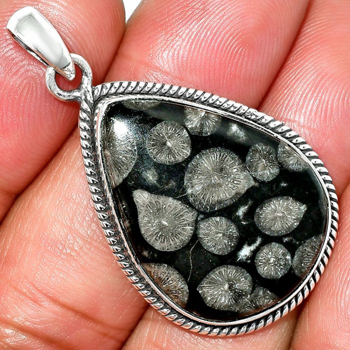 Black Flower Fossil Coral Pendant SDP151393 P-1068, 20x27 mm