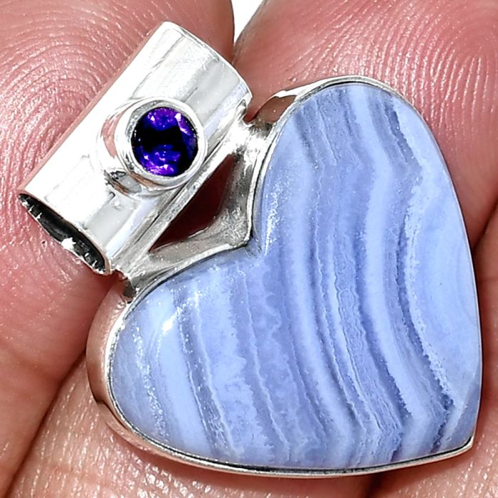 Heart - Blue Lace Agate and Amethyst Pendant SDP151767 P-1300, 19x22 mm