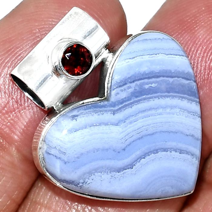 Heart - Blue Lace Agate and Garnet Pendant SDP151776 P-1300, 20x23 mm