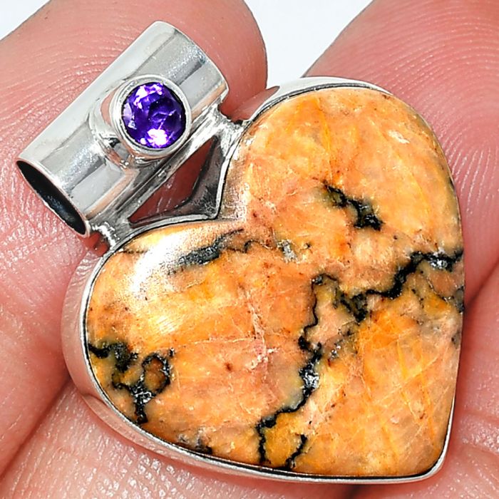 Heart - Honey Dendritic Opal and Amethyst Pendant SDP151822 P-1300, 23x25 mm