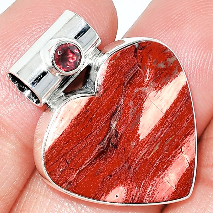 Heart - Snake Skin Jasper and Garnet Pendant SDP151835 P-1300, 22x24 mm